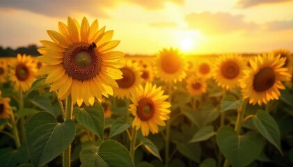Fototapeta premium Golden hour sunlight bathes ripe sunflowers in a vast, summer agricultural field Busy bees buzz around the blooms, a quintessential summer harvest scene , bright, agricultural production, petals
