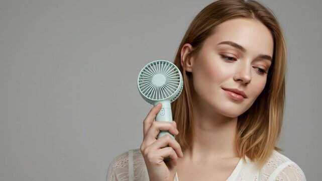 Serene woman cooled by a handheld fan