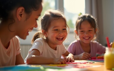 Close up of the childrens faces alight with joy and wonder as they showcase their latest creations to their parents, who respond with heartfelt praise and encouragement. High quality