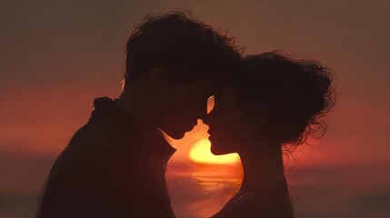 Silhouette of a couple facing each other against a sunset with an orange and red colored sky