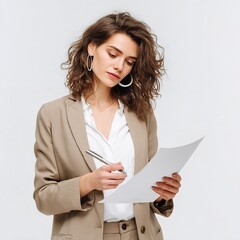 Business woman reviewing documents professional attire corporate job tan suit pen in hand white background
