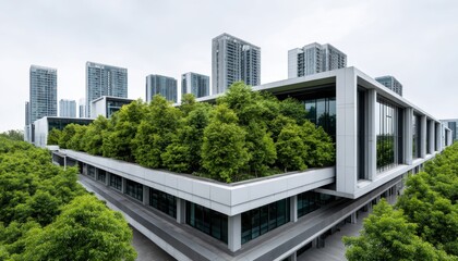 Close shot of an eco-friendly company HQ showcasing green rooftop vegetation, symbolizing sustainability and innovation in urban environments.