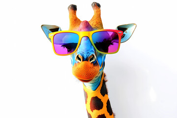 Cartoon colorful giraffe with sunglasses on white background.