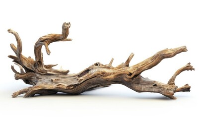 Intricately shaped piece of weathered driftwood is isolated against a clean white background.