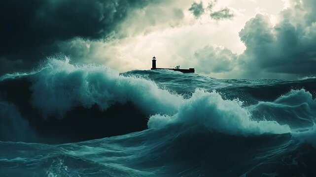 This video captures the power of nature. The waves surge dramatically around a lighthouse. Perfect for themes of wilderness and maritime challenges. Generative AI