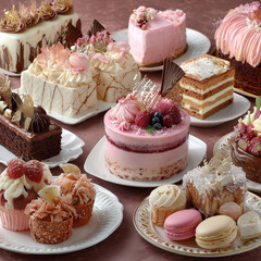 A lavish display of delectable pastries, cakes, and desserts in an elegant setting, showcasing the variety of sweets that can be made using cake, Instagram-style food photography, cinematic lighting, 