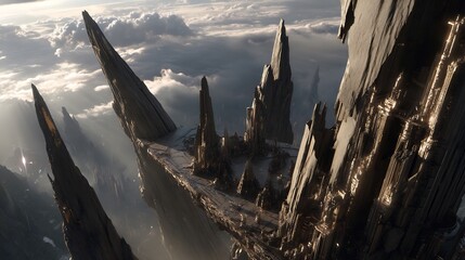 A high-altitude view of a fantastical, craggy city nestled amongst towering peaks.