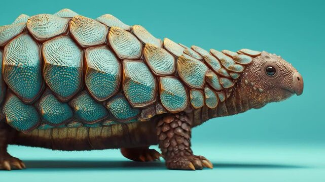 Armored creature walks left Hexagonal scales pattern covering back for protection Light reflects on smooth scales Warm browns and blues create a dynamic visual