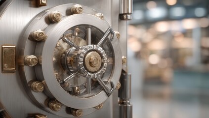 Close-up of a metal vault door with intricate locking mechanism