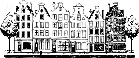 A illustration of a row of traditional Dutch houses