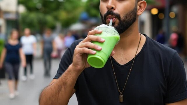 Smoothie sipper stroll Bearded fellow enjoying a green drink outdoors