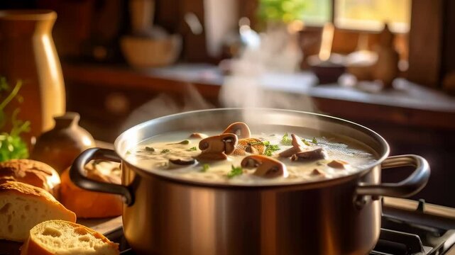 Aromatic mushroom soup simmering in a pot on a kitchen stove with crusty bread and herbs ready to serve for a delicious meal