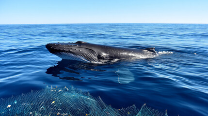 Fototapeta premium Plastic pollution in the ocean is an environmental problem. Whales swim among plastic waste in the ocean. A global problem, a threat to ocean wildlife and calling for urgent