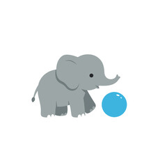 Cute cartoon elephant playing with a blue ball in a minimalistic background