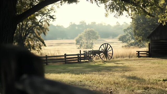 Civil War Era Cannon Display in a Field with Trees in Early Morning Light Historic Rustic Wooden Fence and Muzzle Loading Weapon in Sunny Rural Landscape