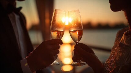 Couple toasting champagne glasses at sunset with sun shining through the bubbly liquid drink celebration