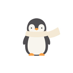 Cute cartoon penguin wearing a scarf, set against a plain white background, ideal for winter themes