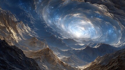 A swirling vortex of stars above a mountain range.