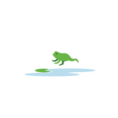 A vibrant green frog leaps joyfully over a calm water surface, surrounded by nature