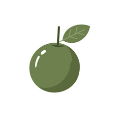 A vibrant green olive with a leaf, set against a minimalist white background