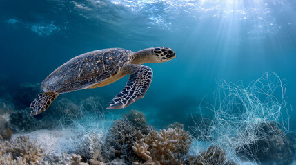 Obraz premium Plastic pollution in the ocean is an environmental problem. Sea Turtle trapped on a loose fishing net A global problem, threatening ocean wildlife and calling for urgent action to protect 