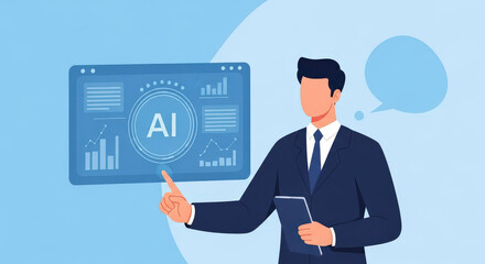Businessman Presenting AI Concept On A Digital Screen With Data Analysis Charts In Blue Color Scheme