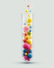 A test tube filled with colorful bubbles floating outside in a gradient pattern.