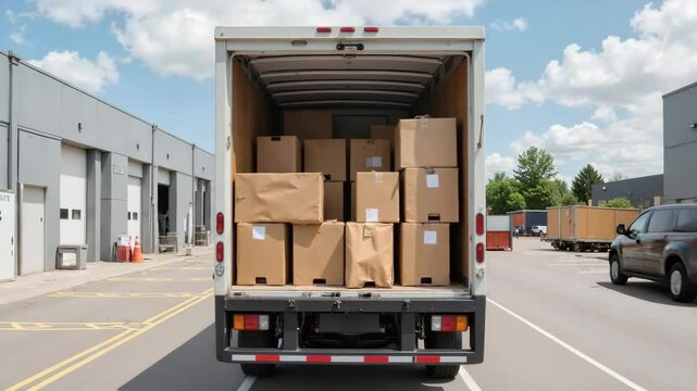 A truck loaded with boxes drives through a warehouse