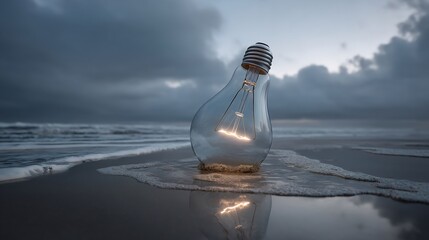 A luminous lightbulb rests on the shoreline.