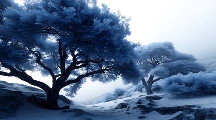 Majestic trees in a misty landscape.