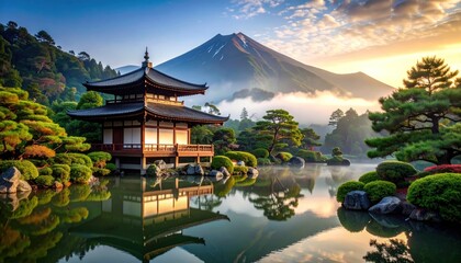 Japanese Temple Reflecting on Serene Lake Amidst Lush Gardens and Majestic Mountain