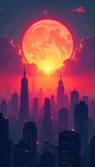 Obraz premium Silhouetted cityscape at dawn, futuristic architecture reaching for a hopeful, bright sky, symbolizing a new era of faith and spiritual awakening , digital, dawn