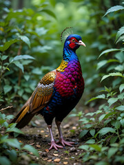 A Himalayan monal pheasant stands amidst greenery, its plumage radiant with blue, gold, and crimson hues, exuding natural beauty.