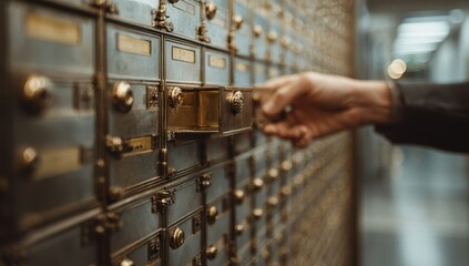Hand opens metal bank vault box