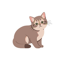 Cute cartoon cat with green eyes sitting against a white background, ideal for pet illustrations