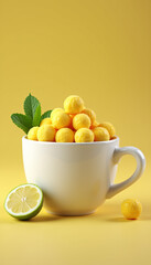 Lemon flavored gummies in a white cup