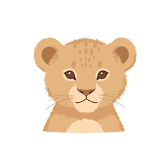 Cute cartoon lion cub with soft fur and expressive eyes, set against a plain background