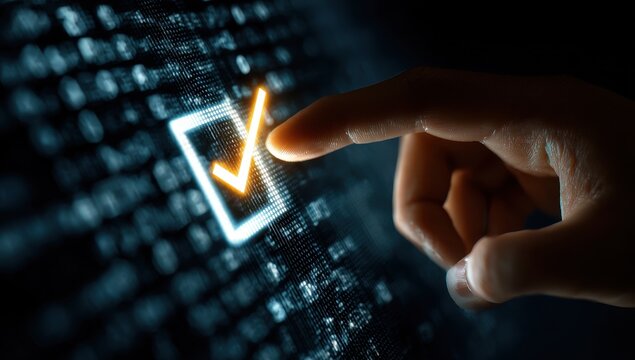 Hand selects checkmark on digital screen