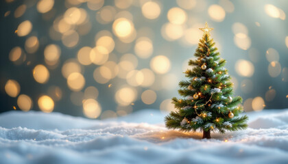 Christmas tree with lights and ornaments on snow with warm bokeh light background
