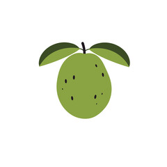 A vibrant green apple with lush leaves, set against a soft, blurred background