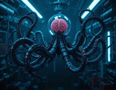 Cybernetic Octopus Floating in Dark Sci-Fi Abyss