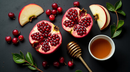 Halved pomegranates with ruby seeds, apple slices, cherries, and honey with a golden dipper, arranged on a dark surface
