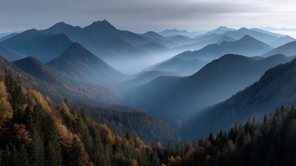 Misty mountain range with colorful autumn forest.