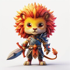 Cute 3D lion cub dressed as a warrior holds a sword on white background