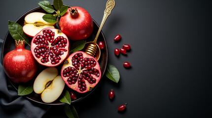 Halved pomegranates and sliced apples on a dark plate, accompanied by a golden honey spoon and scattered red berries against a stark black backdrop