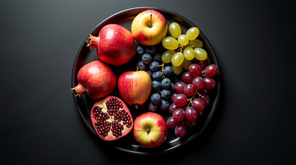 A vibrant assortment of pomegranates, apples, and grapes arranged on a dark plate, creating a striking contrast of colors and textures