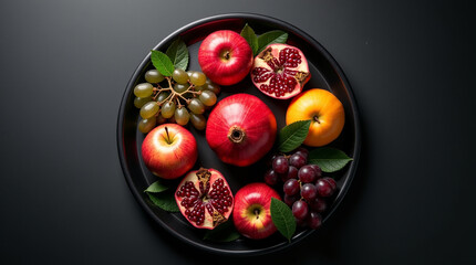 A vibrant assortment of apples, pomegranates, and grapes artfully arranged on a sleek black plate, a symphony of colors and textures