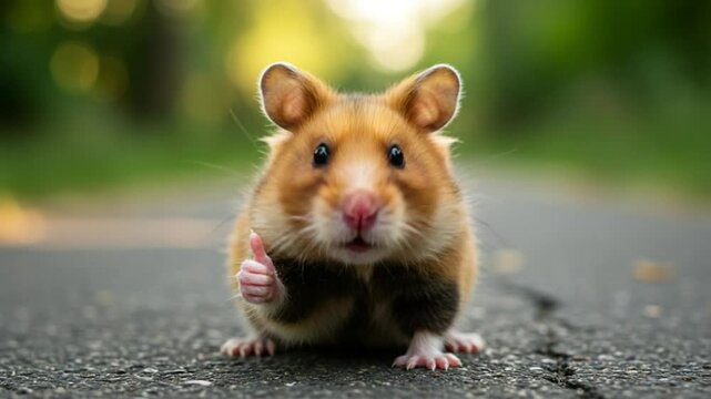 Adorable golden hamster giving thumbs up in an outdoor setting on the street