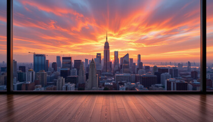 Sunset city skyline view through large window with wooden floor and vibrant sky