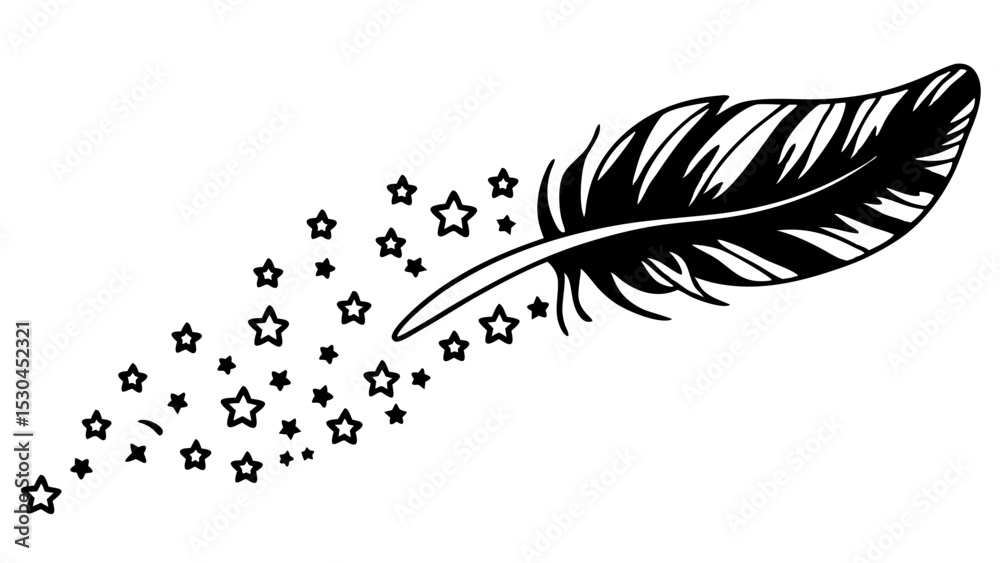 Poster black feather with stars trailing behind it in a whimsical design on a white isolated background cre
